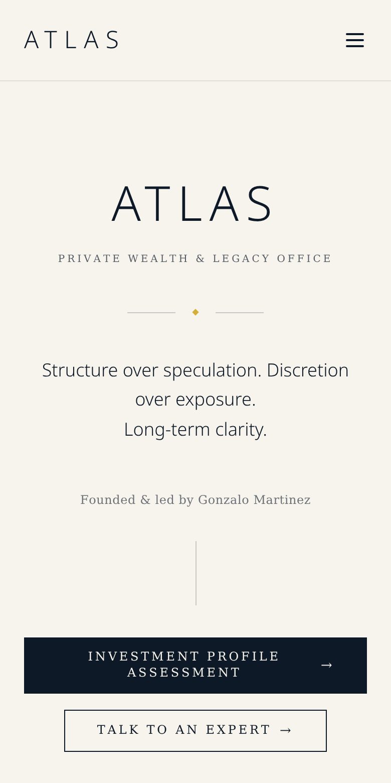 Atlas Wealth Legacy website — mobile view